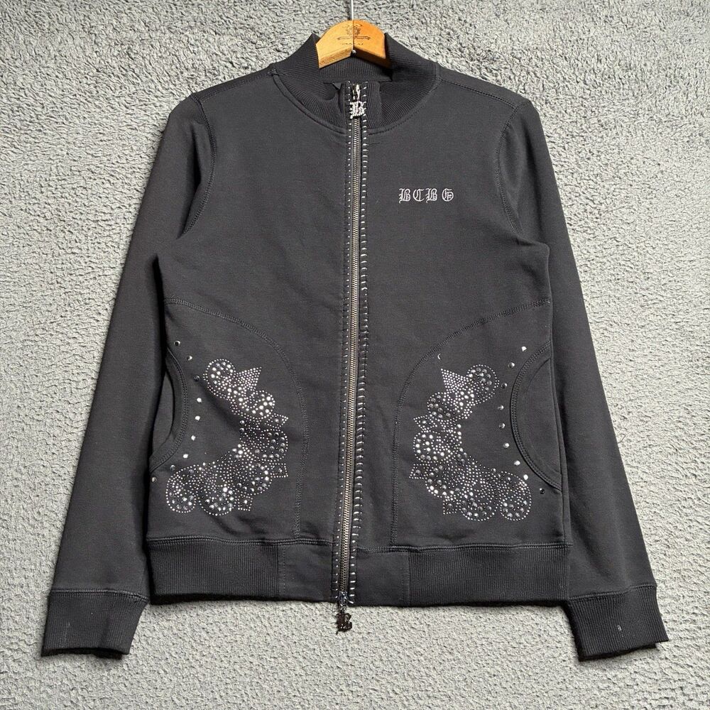 Y2k Vintage BCBG Bling B Zipper Maxazria M Zip Up Track Jacket black Rhinestones